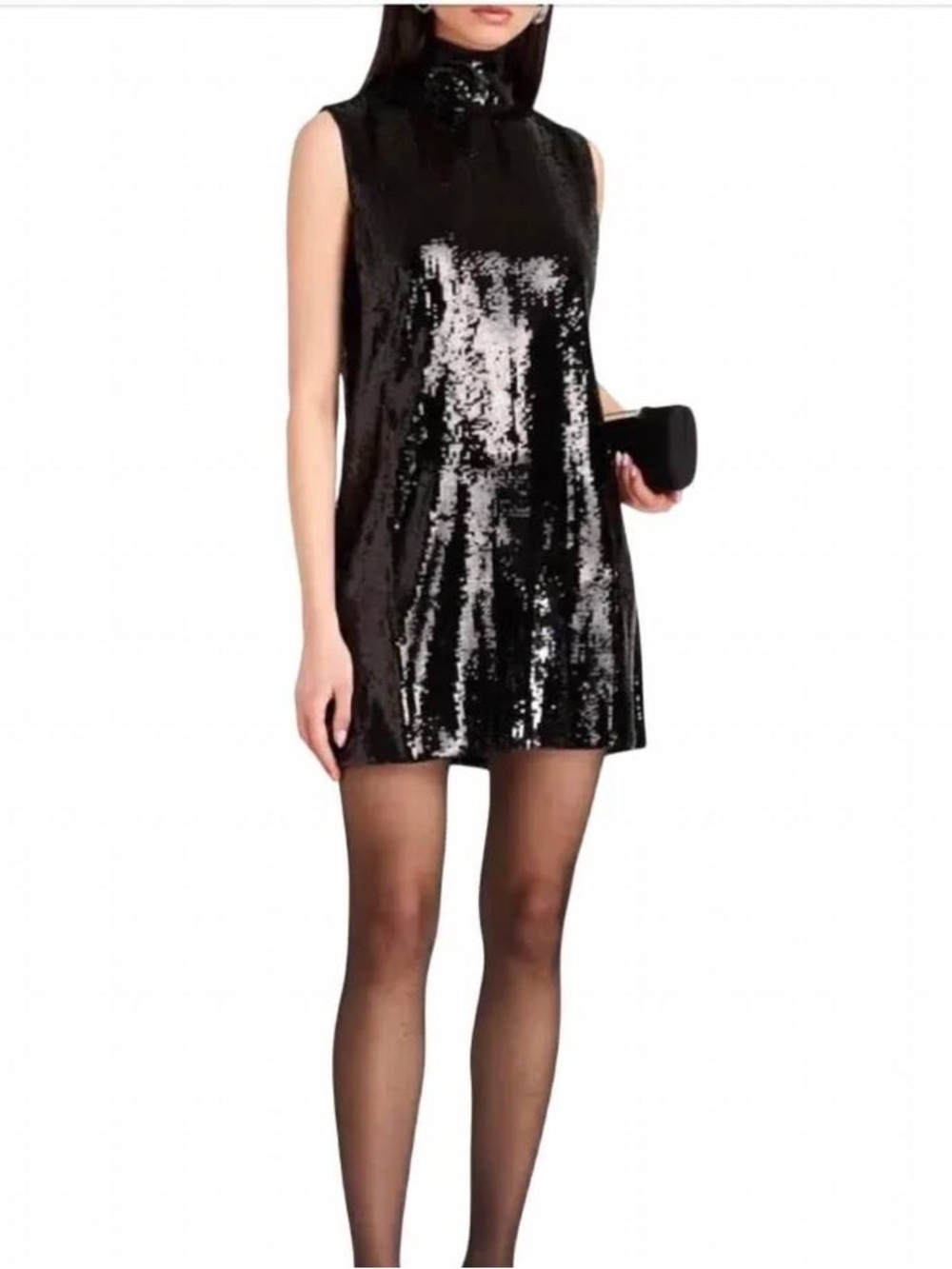 Theory Black Sequin High-Neck Mini Dress
